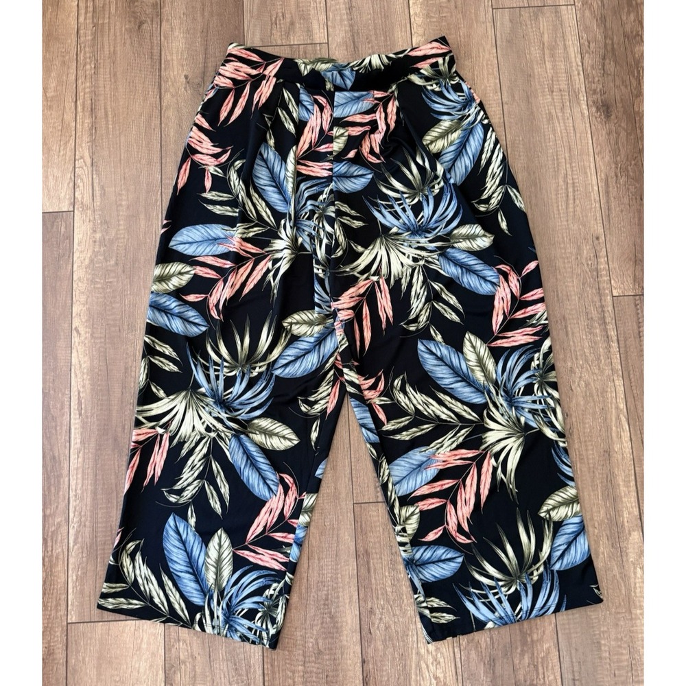 Philosophy XL Black Tropical Palm Print Wide Leg Pull On Resort Wear Pants